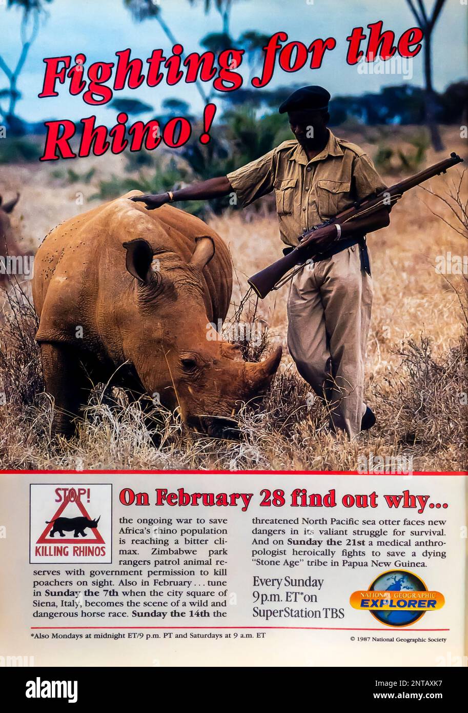 Hör auf, Nashörner zu töten, Werbespot in einer Zeitschrift von NatGeo, Februar 1988. Nationales geografisches Forschungsprogramm Stockfoto