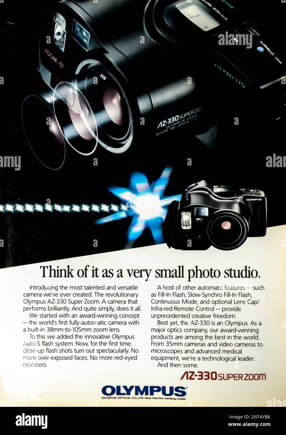 Fotowerbung Olympus AZ-330 in einer Zeitschrift NatGeo, Mai 1992 Stockfoto