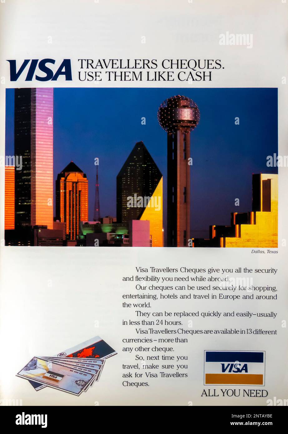 ANZEIGE FÜR VISA Travellers Cheques in einem Magazin in NatGeo, Mai 1992 Stockfoto