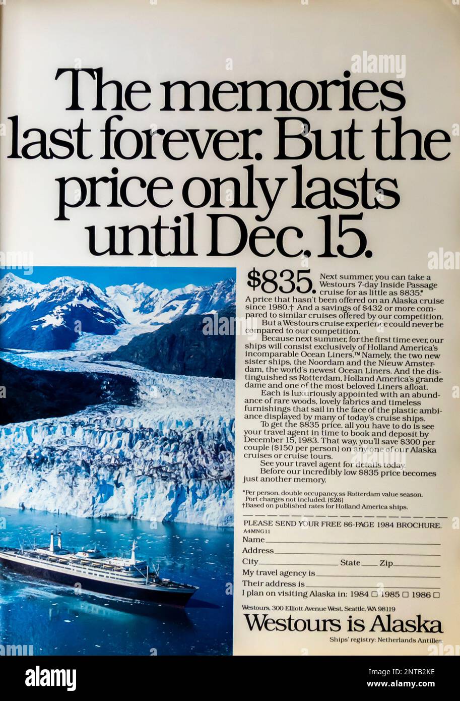 Werbung für Westours Ocean Liners in einem Magazin in NatGeo, November 1983 Stockfoto