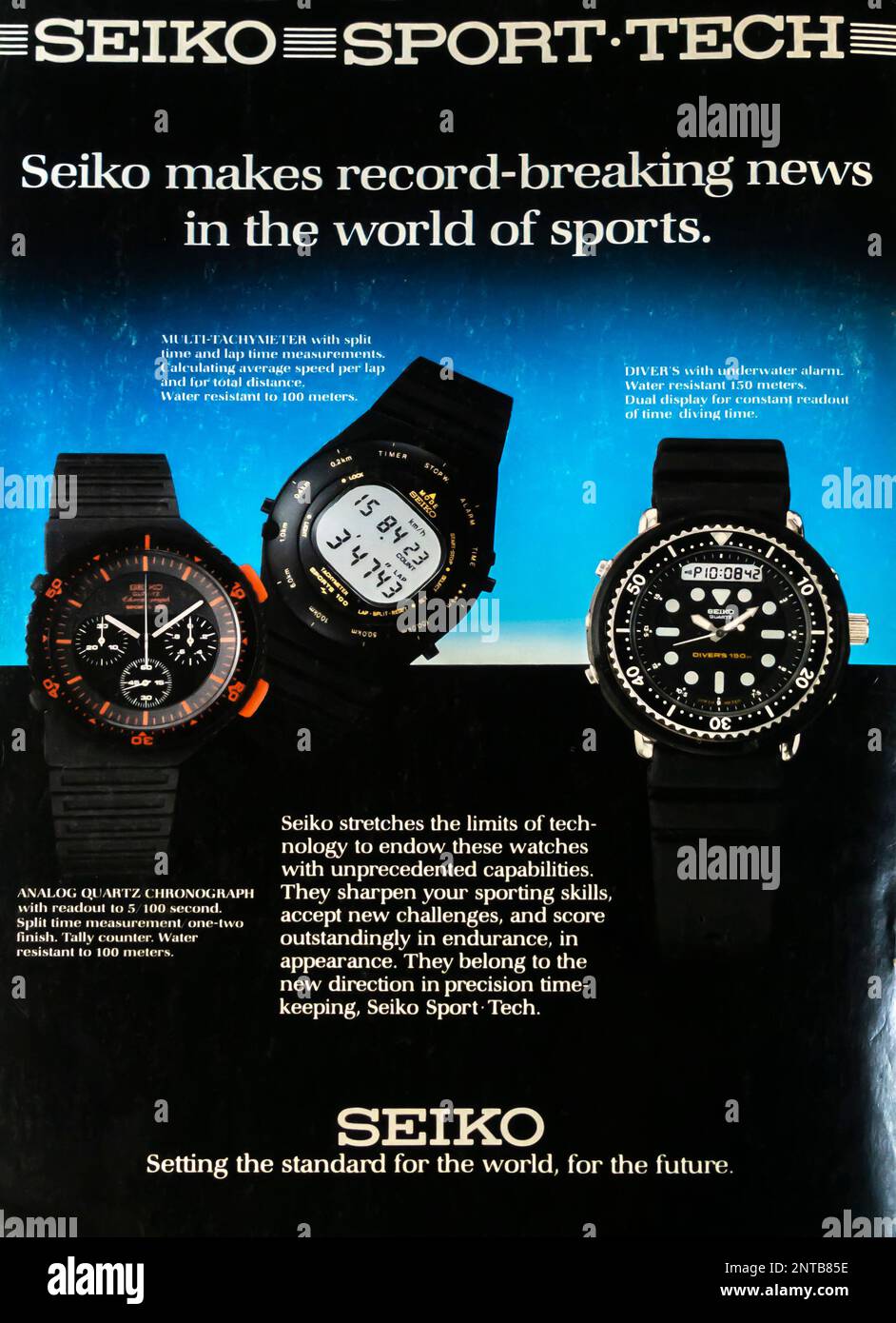 Seiko Sport-Tech Quartz-Uhren Werbespot in einer Zeitschrift NatGeo, April 1984 Stockfoto