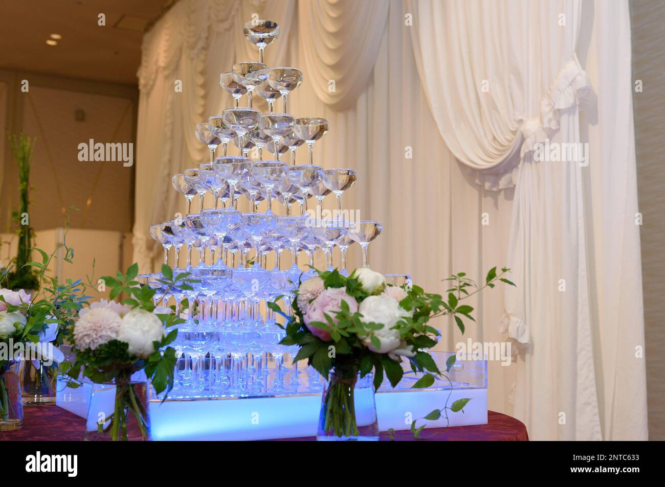 Blauer Champagnerturm auf einer Hochzeit. Weiße Vorhänge im Hintergrund. Stockfoto