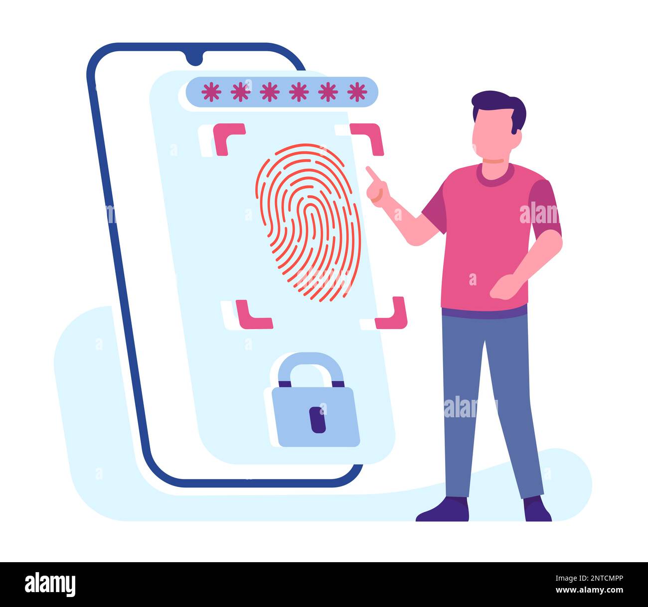 Fingerabdruck-Scan auf dem Telefon. Datenschutztechnologie. Smartphone-Fingerscan. Personenidentifikation. Geräte-Bildschirmscanner. Mobile Anwendung Stock Vektor