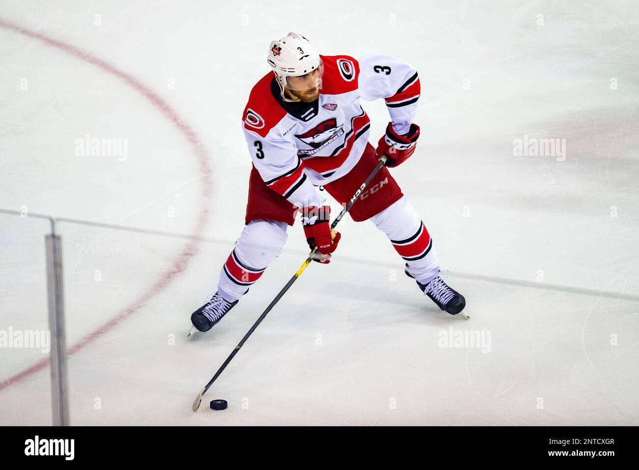 ROSEMONT, IL - JUNE 05: Charlotte Checkers defenseman Roland McKeown (3) controls the puck during game three of the AHL Calder Cup Finals between the Charlotte Checkers and the Chicago Wolves on June 5, 2019, at the Allstate Arena in Rosemont, IL. (Photo by Patrick Gorski/Icon Sportswire) (Icon Sportswire via AP Images) Stockfoto