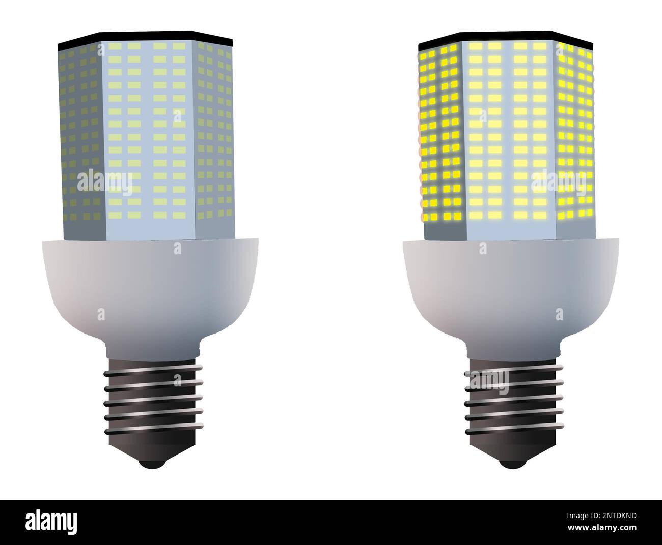 Hier sehen Sie zwei Maiskolben-LED-Lampen, isoliert auf einer 3-D-Abbildung  Stockfotografie - Alamy