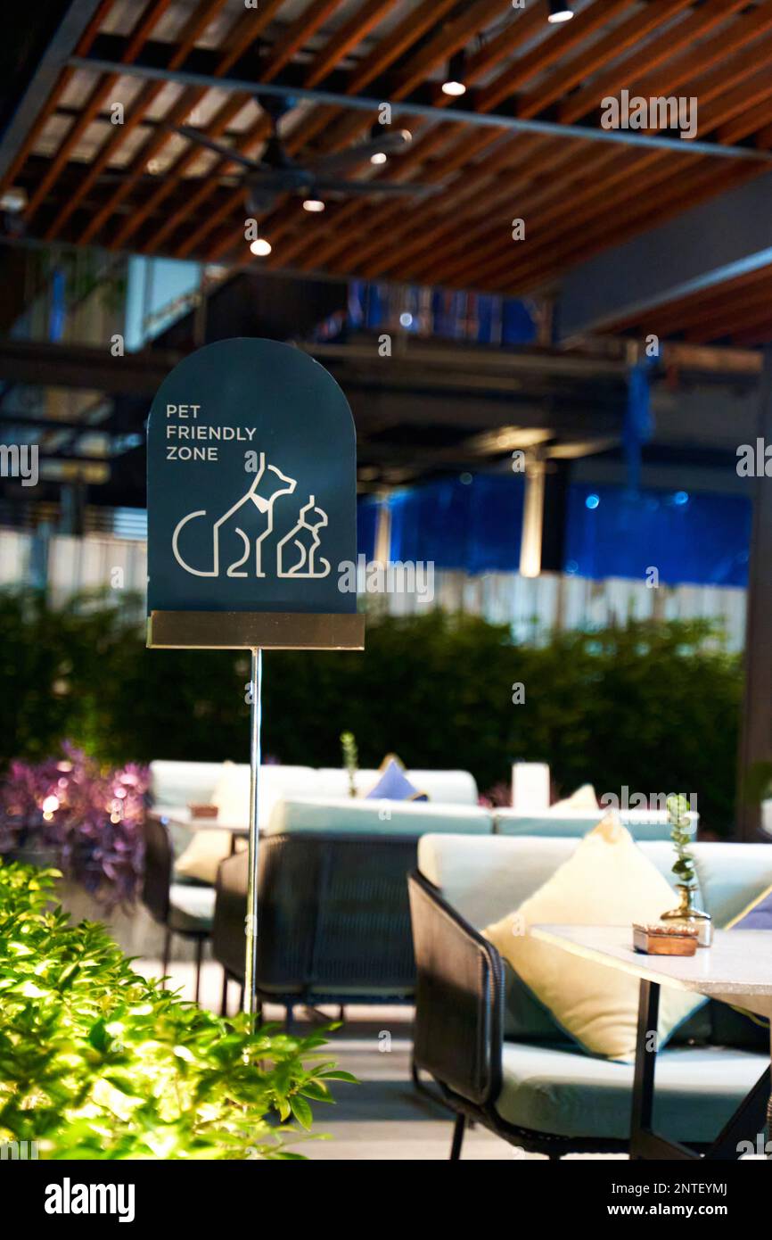 Ein haustierfreundliches Café-Schild auf einer sonnigen Sommerterrasse lädt Haustierbesitzer ein, sich zu entspannen und eine Mahlzeit mit ihren pelzigen Freunden zu genießen. Die warme, einladende Atmosphäre Stockfoto