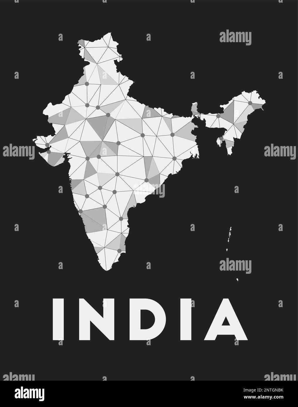 Indien – Karte des Kommunikationsnetzes des Landes. Indien trendiges geometrisches Design auf dunklem Hintergrund. Stock Vektor