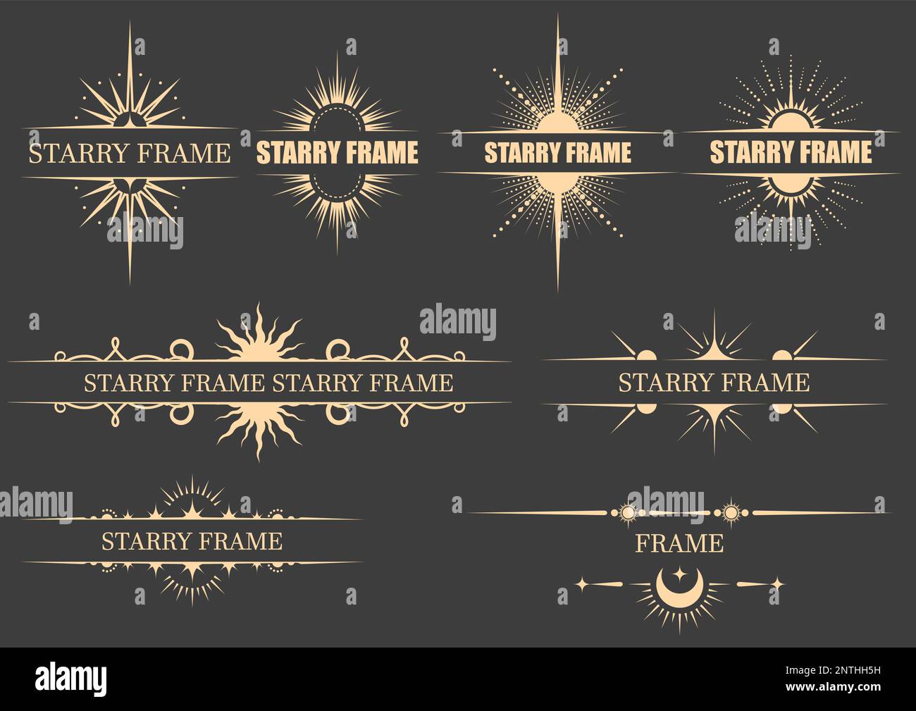 Eine Reihe mystischer Rahmen, magische Banner und Astrologie-Stars im Tarotstil, esoterische Vignetten, Vektor Stock Vektor