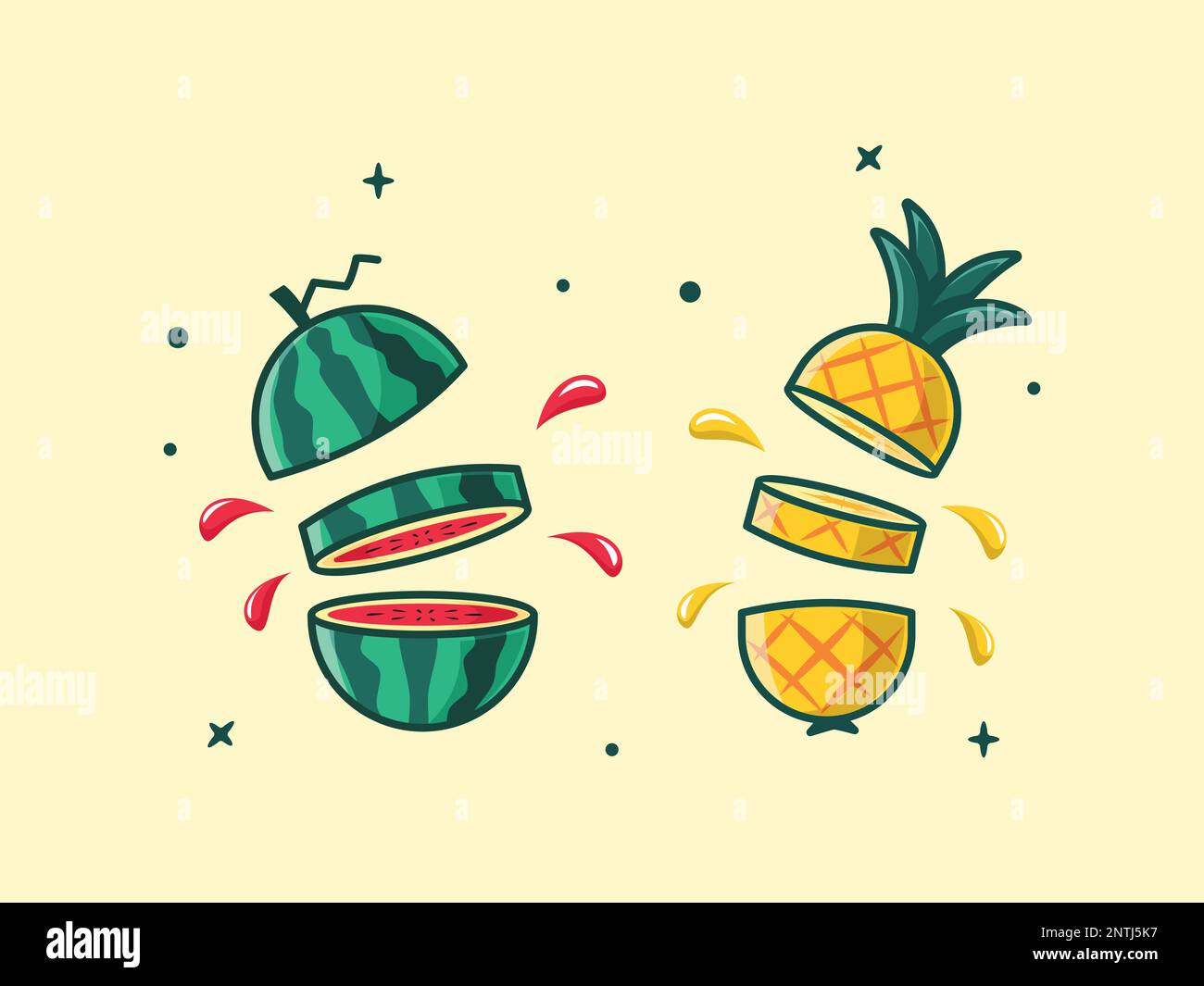 Abbildung: Frische Wassermelone und Ananasspalte und Spritzer Abbildung. Stock Vektor
