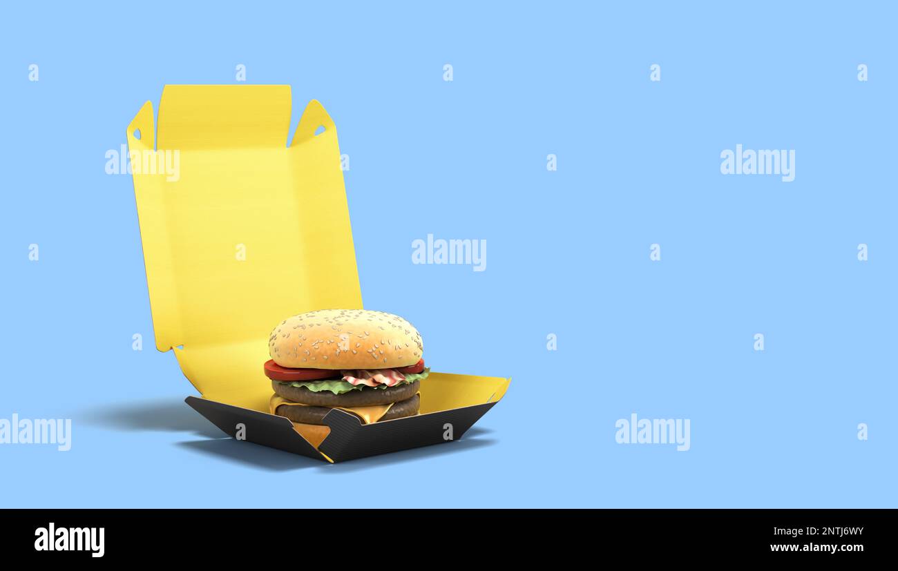 Farbige offene Box für Burgermokup für die Präsentation von Lebensmitteln 3D-Rendering auf blauem Hintergrund Stockfoto