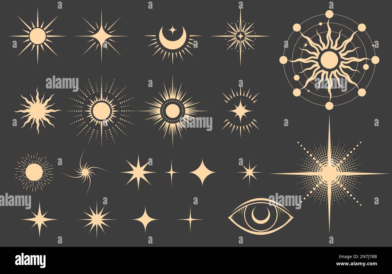 Eine Reihe mystischer Sternenikonen, magischer Mond und Astrologie-Sterne im Tarotstil, weihnachtsdekoration, Vektor Stock Vektor