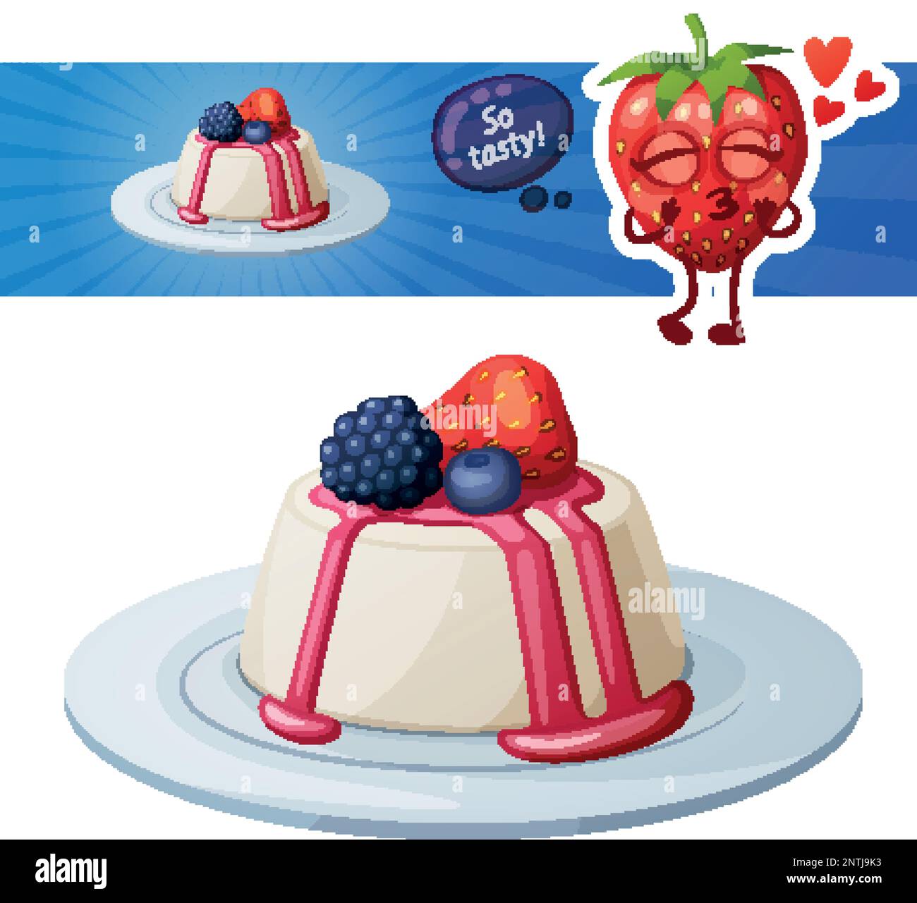 Panna-Cotta-Dessert mit Beeren-Ikone und Erdbeer-Charakter. Cartoon-Vektordarstellung isoliert auf weißem Hintergrund Stock Vektor