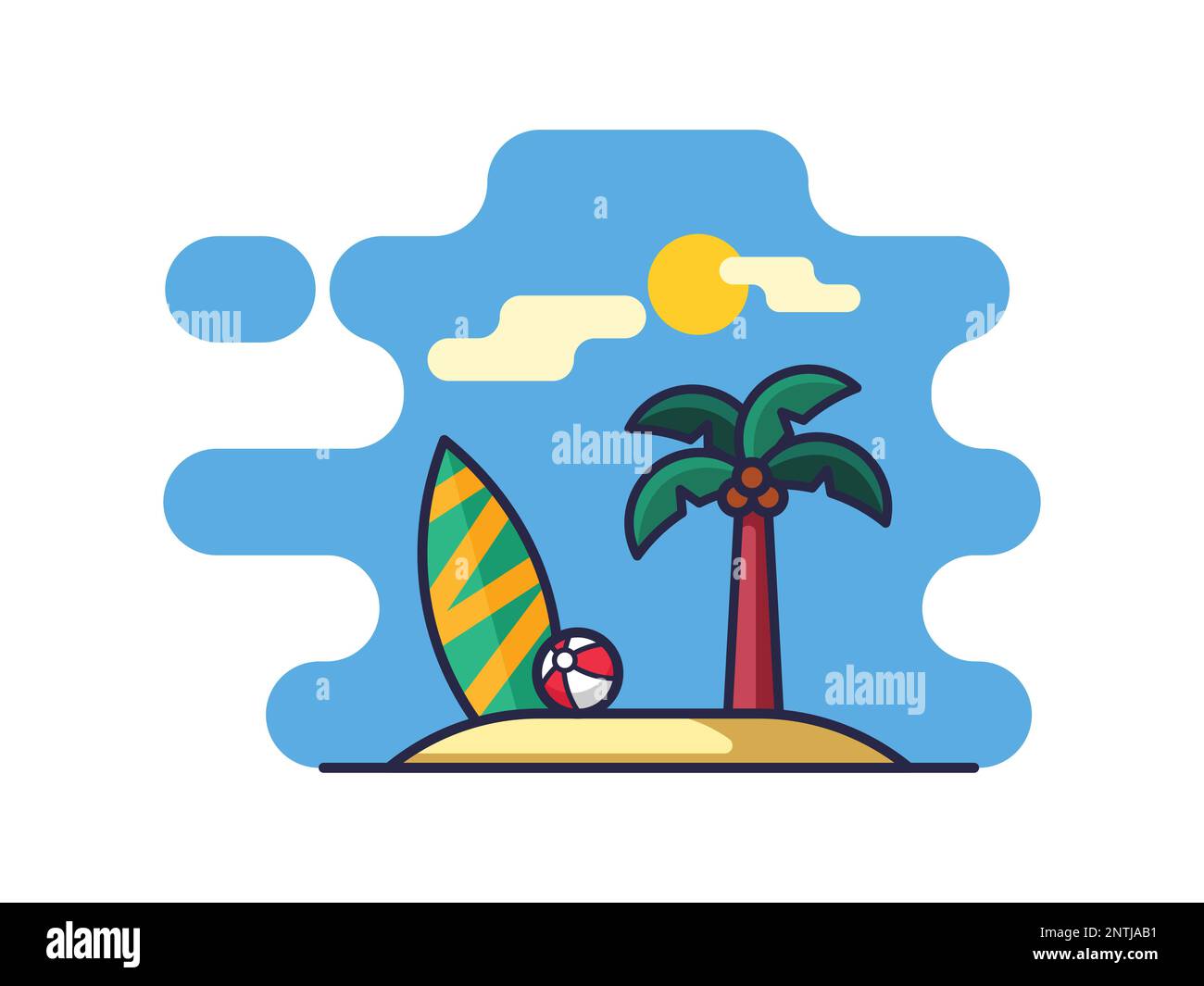 Darstellung des Strandes und der tropischen Insel mit Palmen und Surfbrettvektoren isoliert auf weißem Hintergrund. Stock Vektor