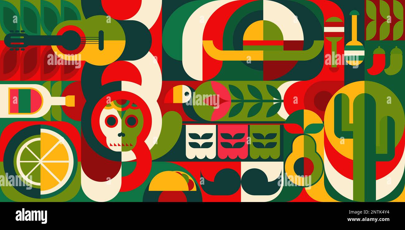 Mexikanisches bauhaus modernes geometrisches Muster. Vektormotiv,  Hintergrund mit einfachen geometrischen Formen von Schdel, Chili-Pfeffer,  Kaktus, Tequila und Sombrero Stock-Vektorgrafik - Alamy