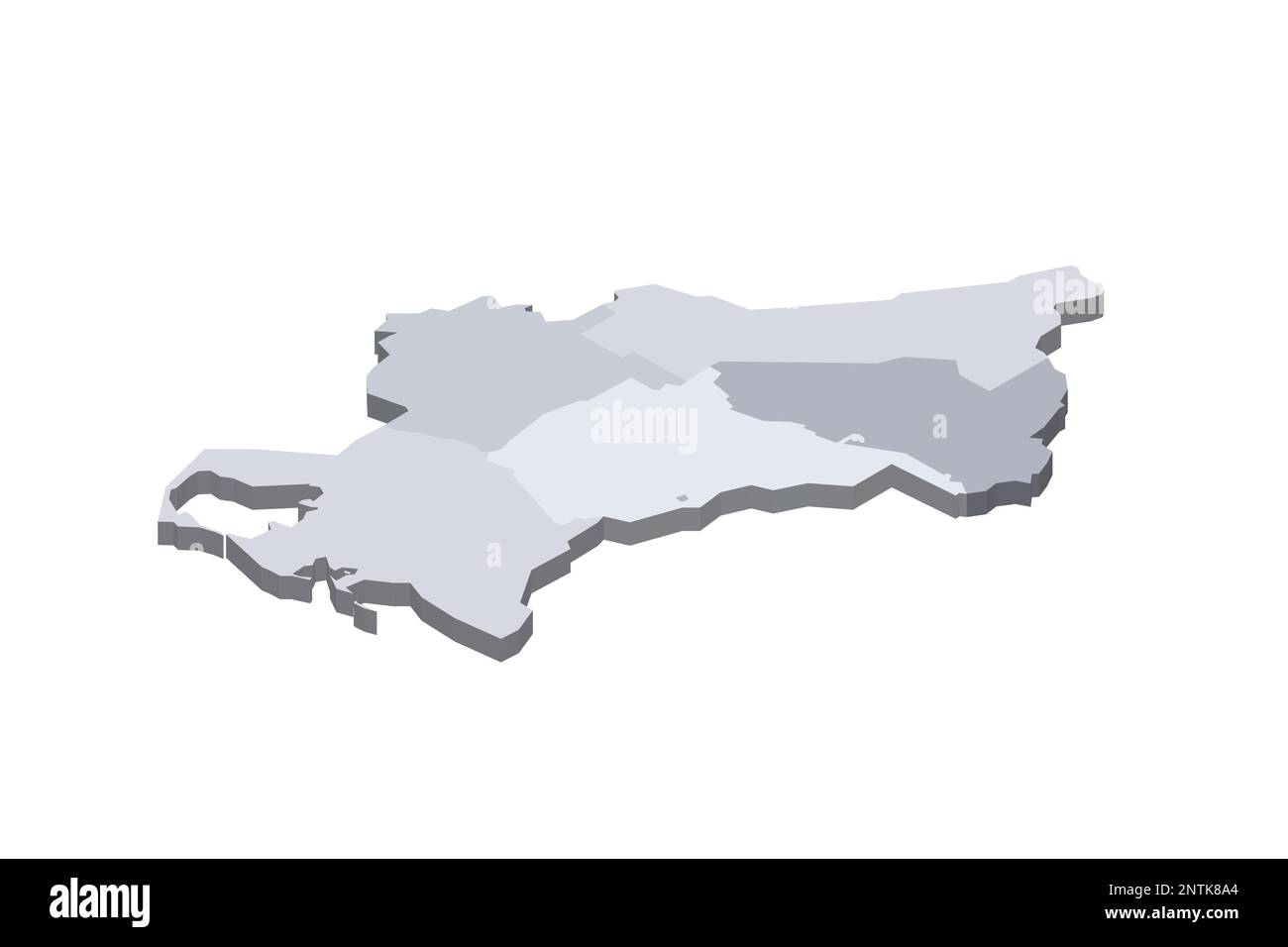 Turkmenistan politische Karte der Verwaltungsabteilungen - Regionen und Hauptstadtbezirk Aschgabat. Isometrische 3D-Leervektorzuordnung in Grauschattierungen. Stock Vektor