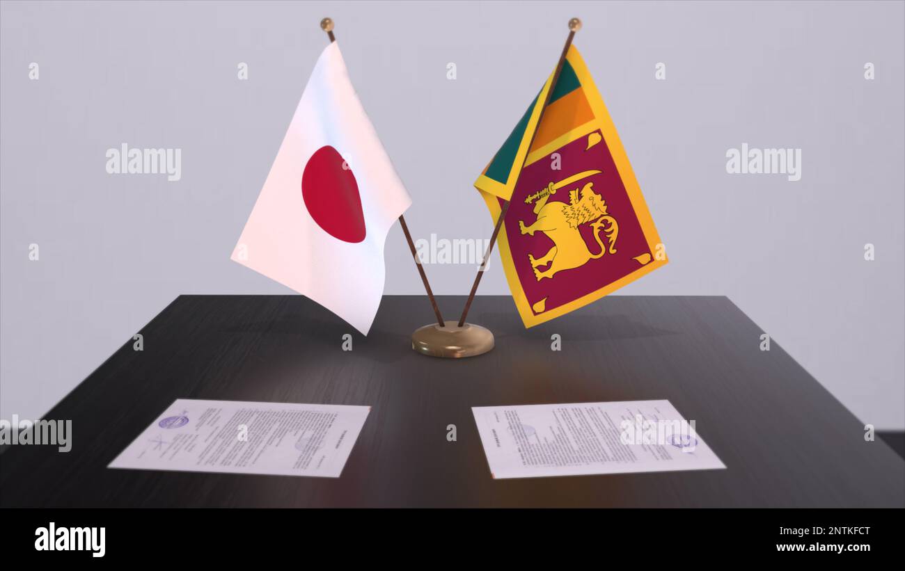 Sri Lanka und Japans Nationalflaggen, politisches Abkommen, diplomatisches Treffen. 3D-Darstellung für Politik und Wirtschaft. Stockfoto