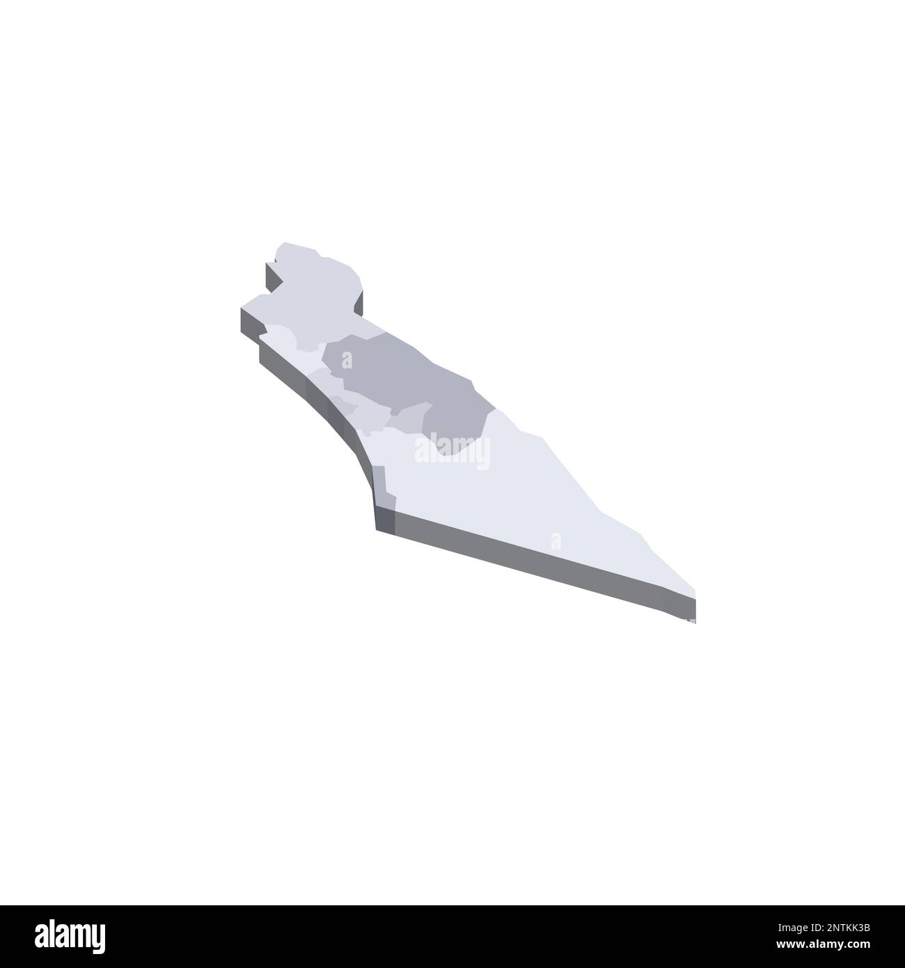 Politische Karte Israels mit Verwaltungsbezirken - Bezirke, Gazastreifen, Judäa und Samaria. Isometrische 3D-Leervektorzuordnung in Grauschattierungen. Stock Vektor