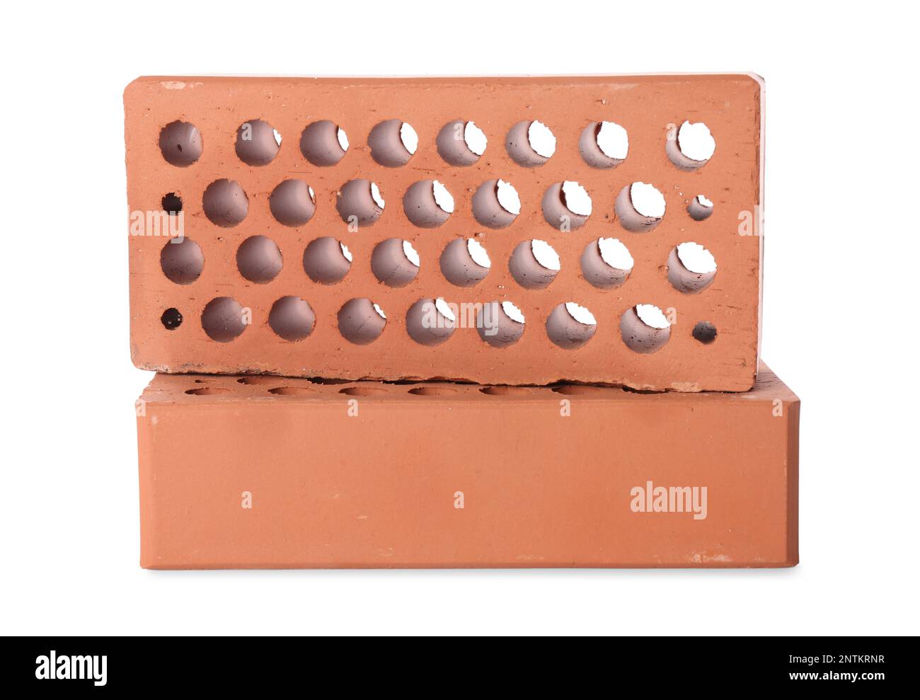 Zwei rote Ziegel isoliert auf weiß. Baumaterial Stockfoto