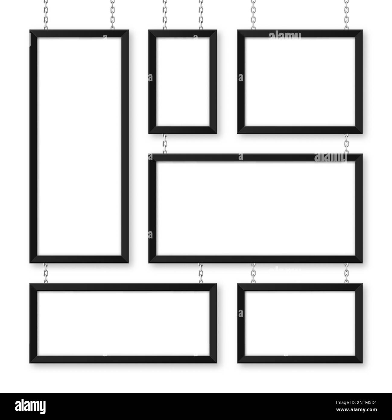 Schwarze Schilder, die an einer Metallkette hängen. Speisekarte des Restaurants. Modernes Postermodell. Leeres Foto oder Bilderrahmen. Werbung oder Präsentation Stock Vektor