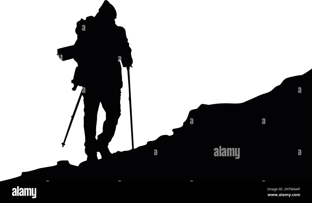 vektordarstellung der Silhouette eines Kletterers mit Eisaxt in der Hand, schwarze Silhouette auf weißem Hintergrund Stock Vektor