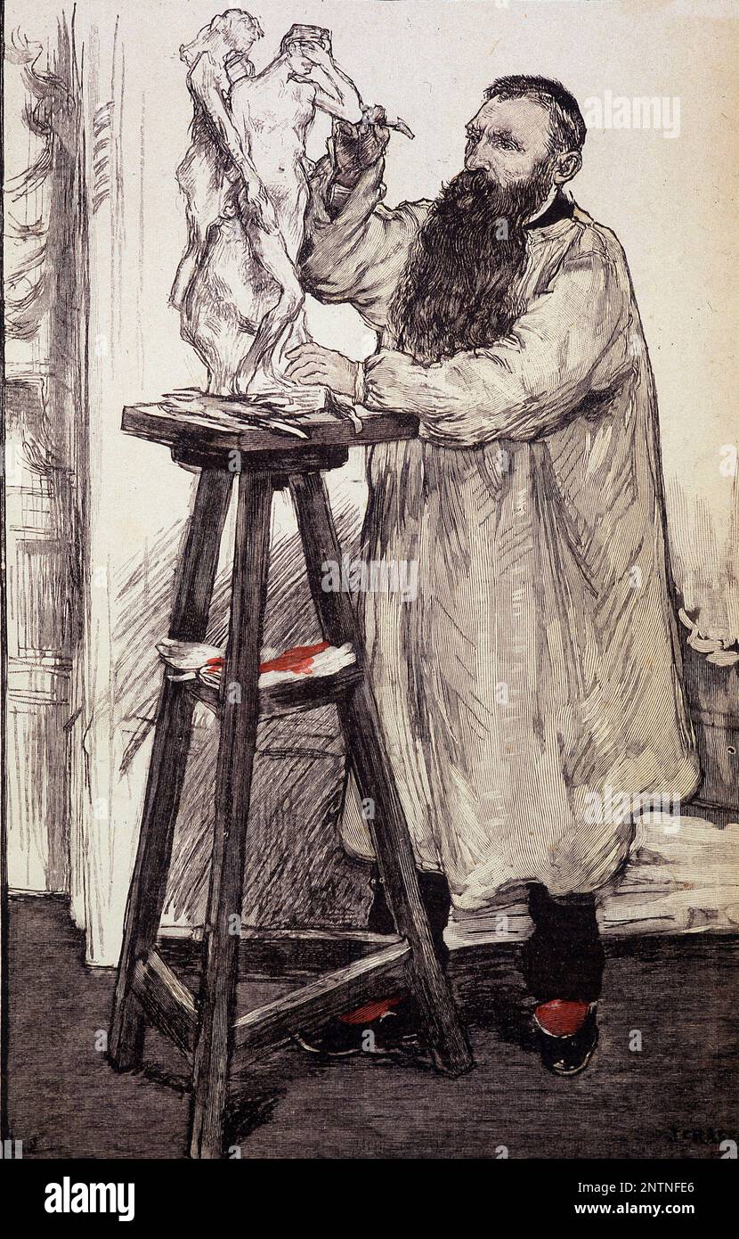 Auguste Rodin Sculptant - Illustration de Jean-Francois Raffaëlli (1850-1924) Stockfoto