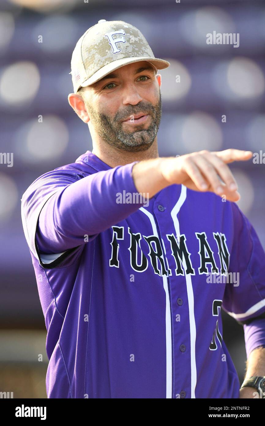 Head coach Brett Harker (31) of the Furman Paladins prior to the game against the UNC Asheville Bulldogs on Wednesday, February 27, 2019, at Latham Baseball Stadium on the campus of Furman University in Greenville, South Carolina. UNC Asheville won, 4-3. (Tom Priddy/Four Seam Images via AP) Stockfoto