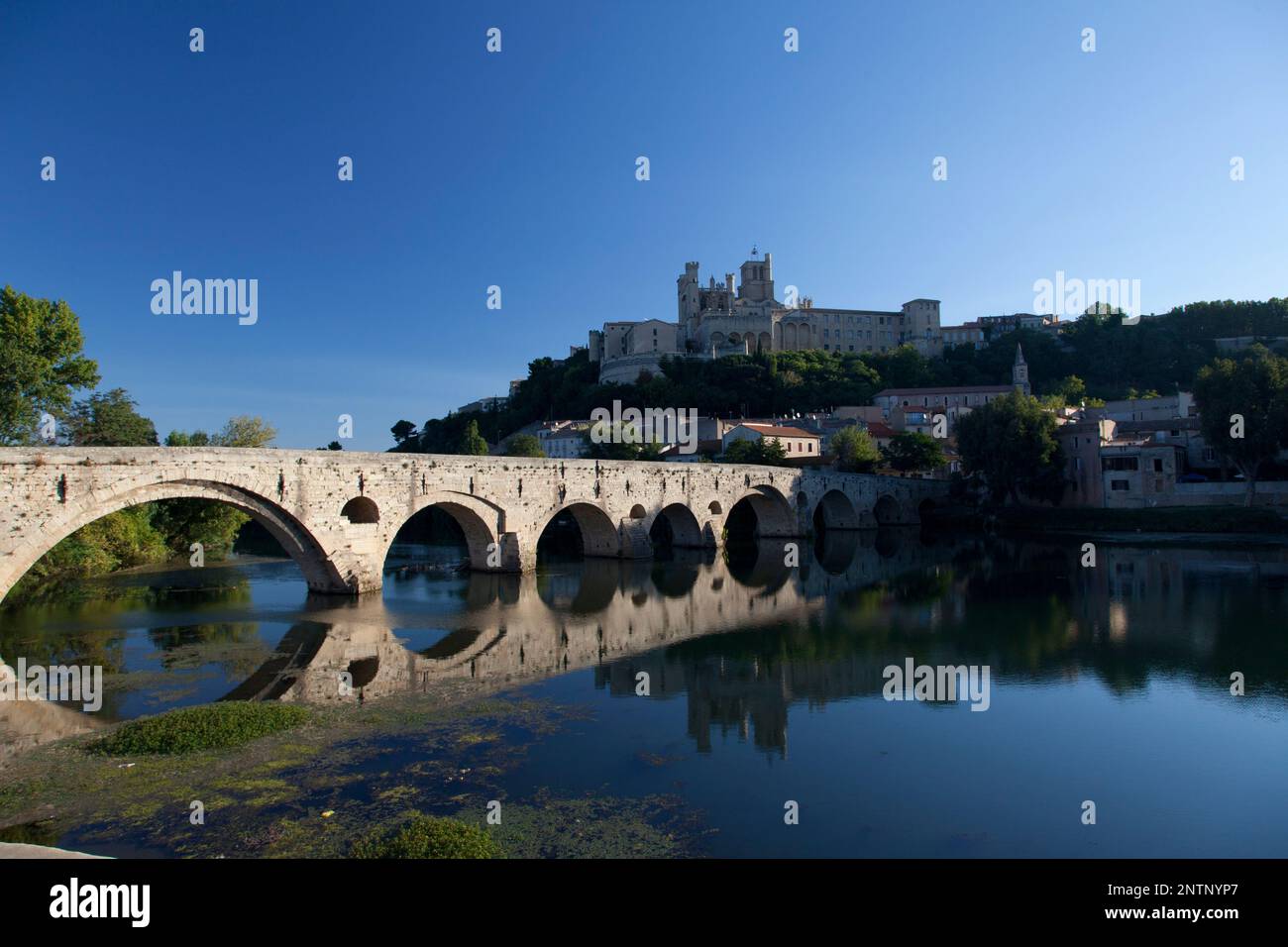 Frankreich, Beziers, die alte Steinbrücke (Pont Vieux) über den Fluss Orb und die St. Nazaire Kathedrale. Stockfoto