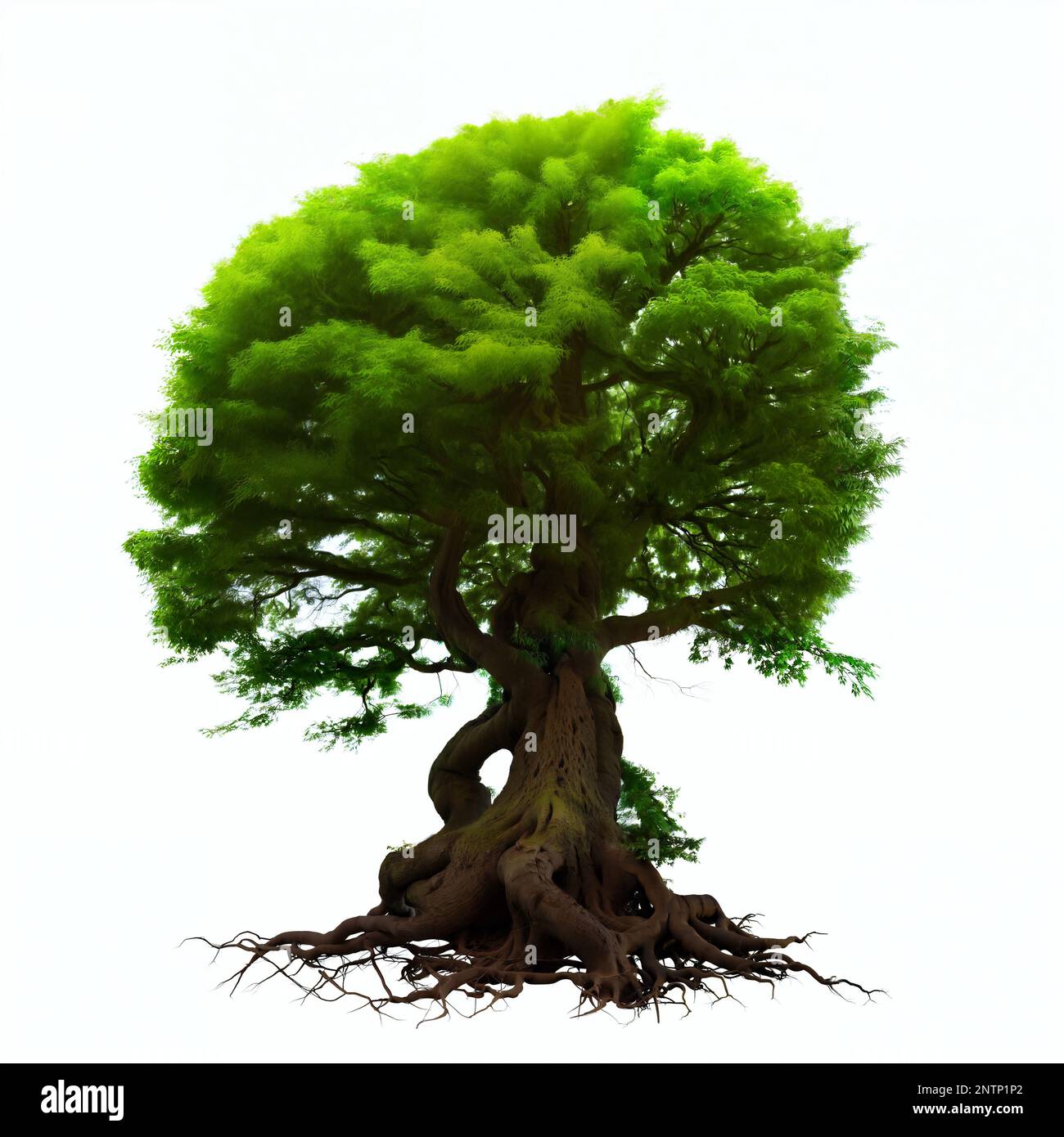 Schöner Baum, große Pflanze mit Wurzeln und Laub, isoliert auf weißem Hintergrund Stockfoto