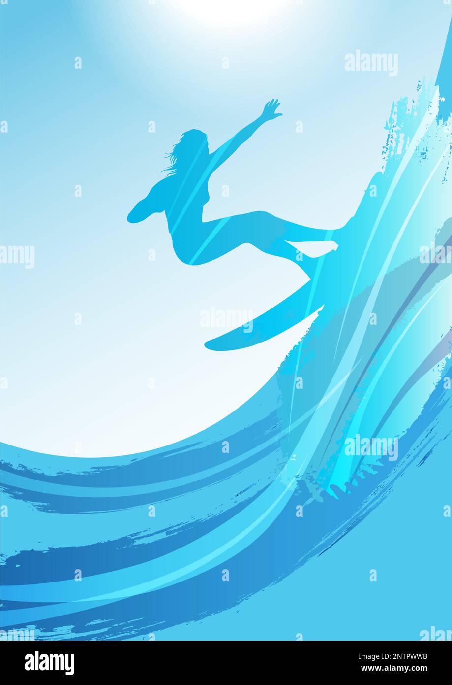Vector Surfing Silhouette Hintergrund Illustration mit Blue Sky und Einem Surfer auf Big Waves. Stock Vektor