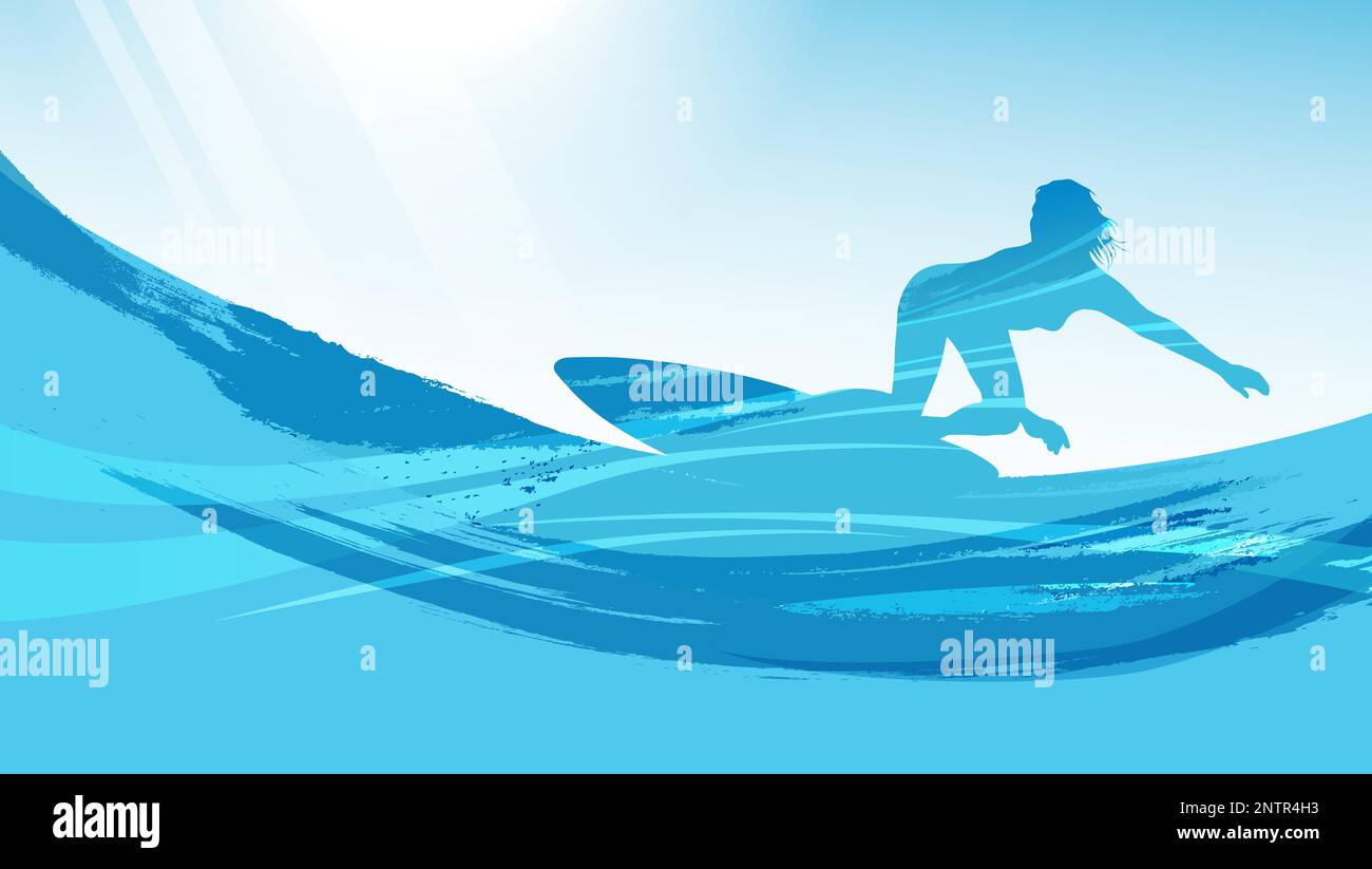 Vector Surfing Silhouette Hintergrund Illustration mit Blue Sky und Einem Surfer auf Big Waves. Stock Vektor