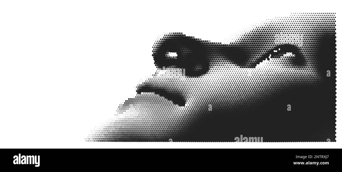 Abbildung eines Mannes Gesicht aus kleinen Teilchen. Ein Mann, der aufschaut. Abstrakter digitaler menschlicher Kopf. Minimalistisches Design für Präsentation, Banner, Stock Vektor