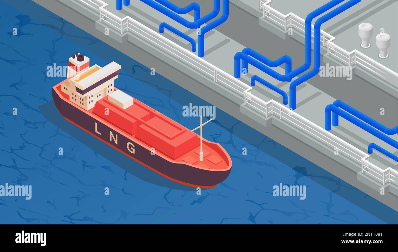 Isometrischer Hintergrund der Gasindustrie mit Verankerung von Tankschiffen an Liegeplätzen, die für das Entladen von lng ausgerüstet sind Stock Vektor