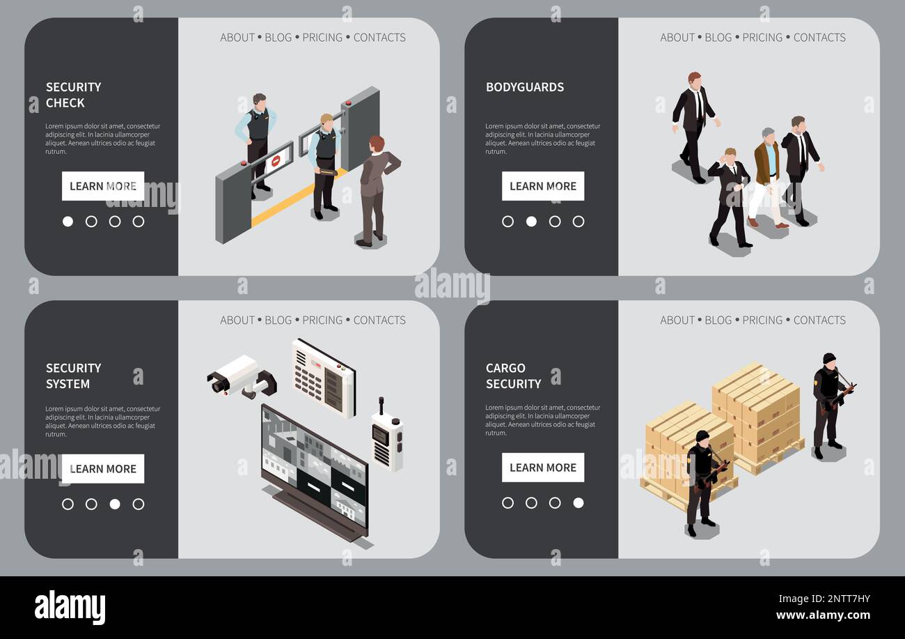 Isometrische Landing-Pages des Sicherheitsdienstes mit Informationen zu Videoüberwachungssystemen Bodyguards arbeiten Frachtsicherheit 3D Vektordarstellung Stock Vektor