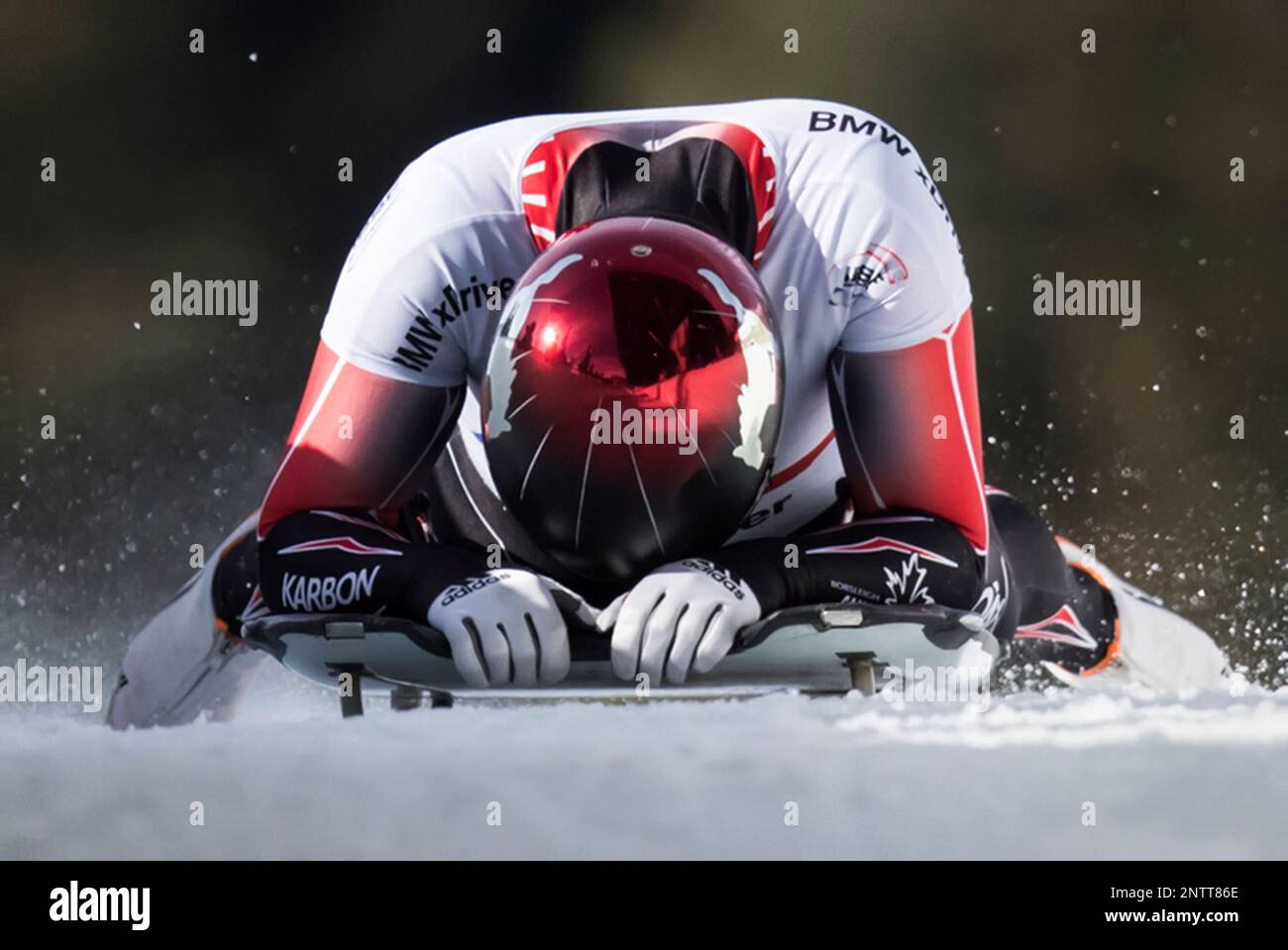 Canada's Madison Charney reacts after racing to a 17th-place finish during the women's event at the Skeleton World Championships in Whistler, British Columbia, Friday March 8, 2019. (Darryl Dyck/The Canadian Press via AP) Stockfoto