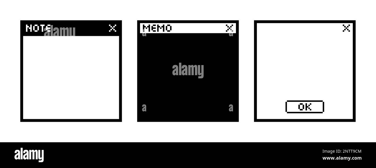 Satz von Schwarzweiß-Vektorgrafiken für Webbrowser-Fenster im Bildformat Pixel. Leeres Popup-Fenster. Vorlagenpapier für Aufklebernotiz, Memo. Isolieren Stock Vektor