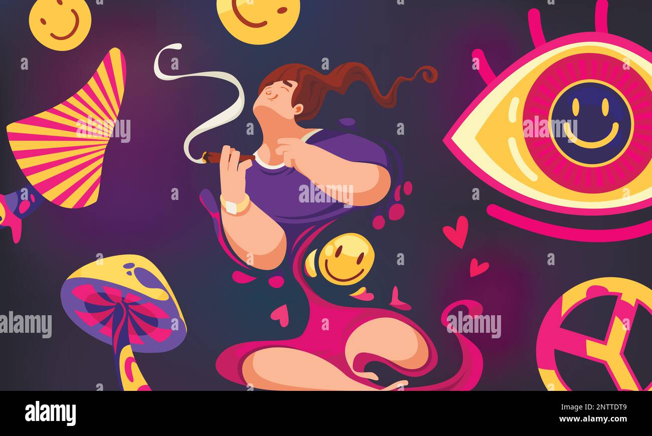 Halluzinationen abstrakter farbiger Hintergrund mit lachenden Augen und verdrehten Pilzen lösten eine rauchende Frau aus Charakterfilm Vektordarstellung aus Stock Vektor