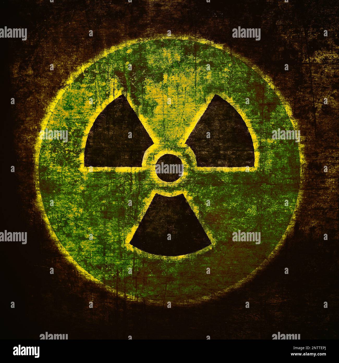 Strahlungszeichen. Emblem für nukleare Gefahren, Grunge-Struktur. Radioaktives Bedrohungssymbol Stockfoto