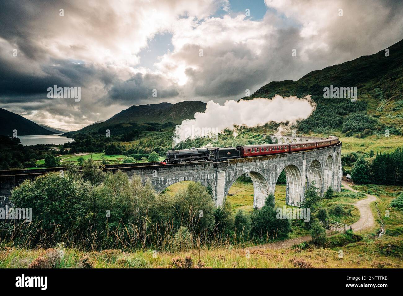 Dampfeisenbahn Jacobite über den Glenfinnan Viadukt, berühmt durch die Harry-Potter-Filme. Gelegen im Tal mit Bergen in Schottland Stockfoto