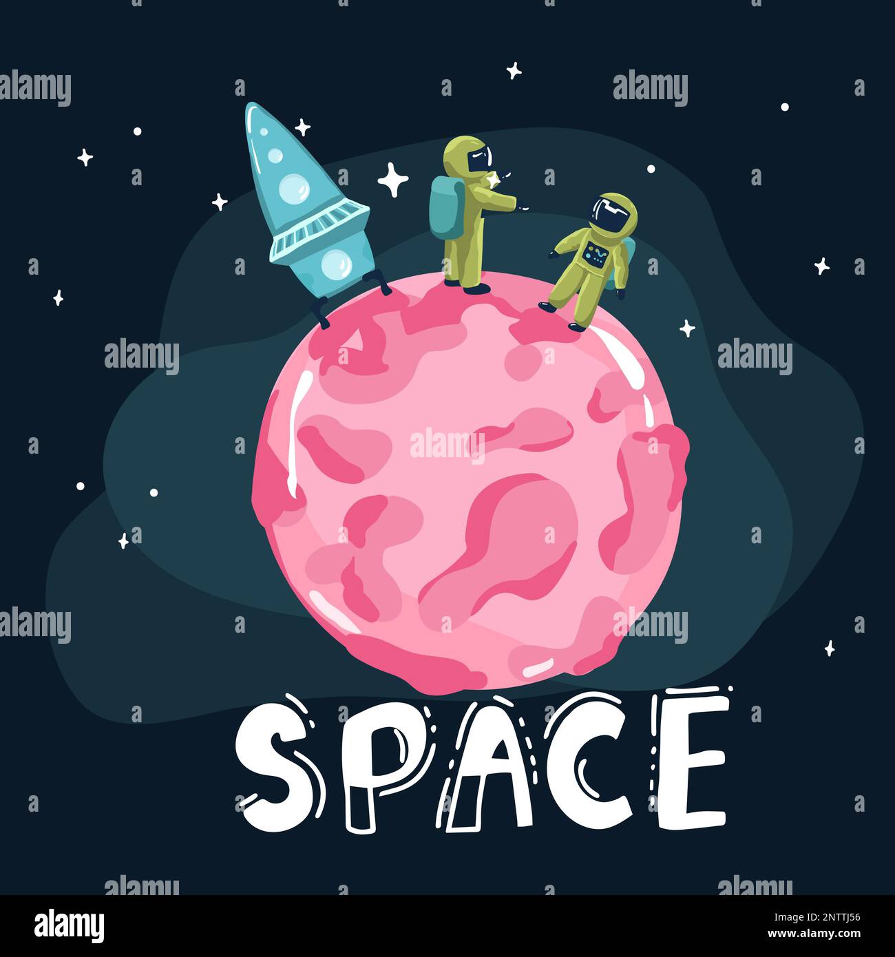 Cartoon-Weltraumhintergründe. Vorlagen für Flyer, Banner, Karten, Deckblätter, Rahmen, Poster. Vector-Kinderbild. Die Rakete fliegt in die Tiefe Stock Vektor