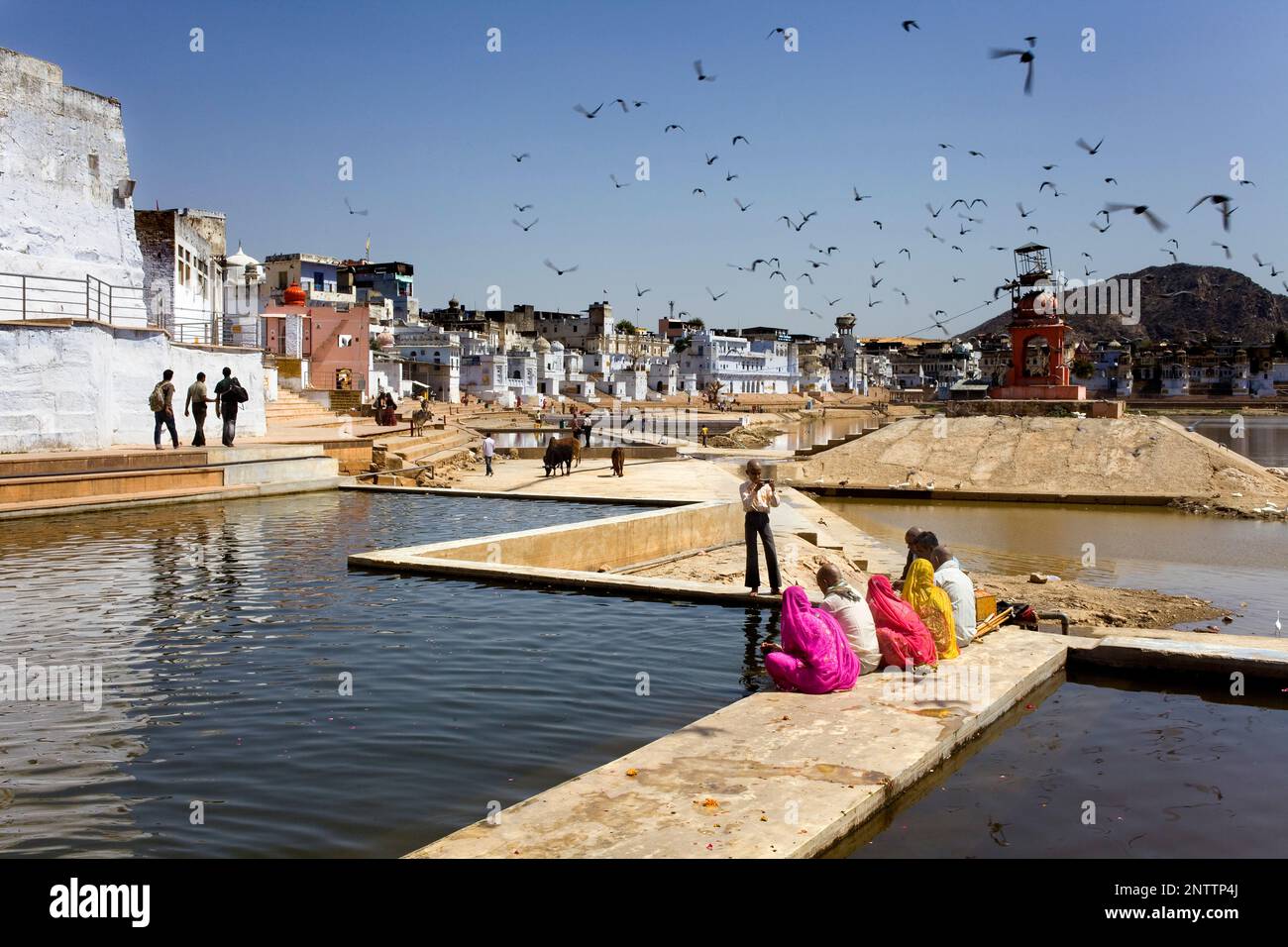 Pilger in Ghats, Heiligen See und das Dorf Pushkar, Pushkar, Rajasthan, Indien Stockfoto