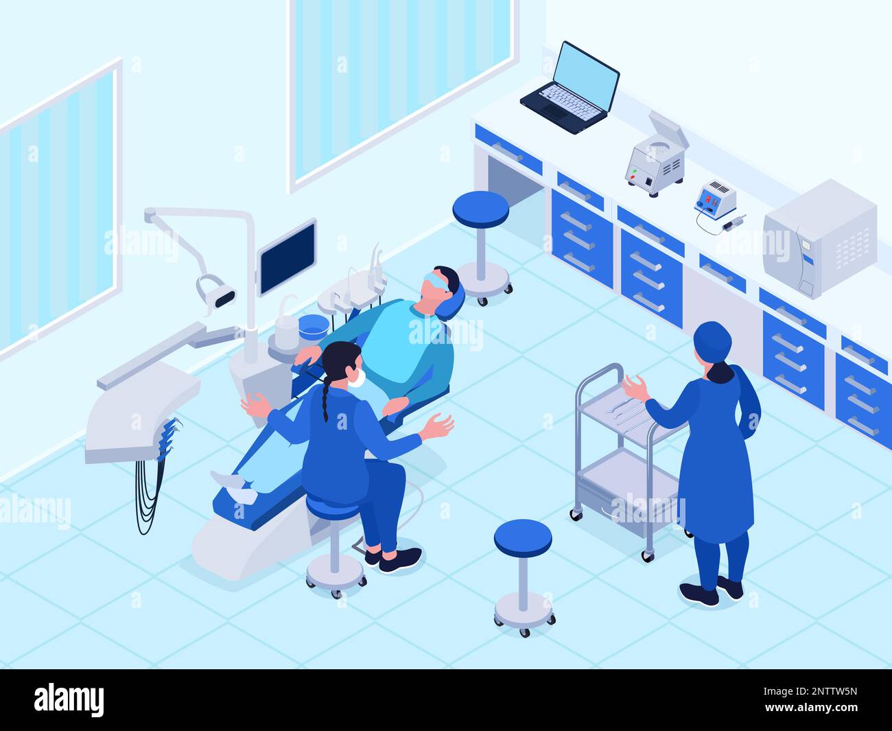 Zahnärztliche Praxis mit zwei weiblichen Zahnärzten und einem männlichen Patienten, der behandelt wird 3D isometrische Vektordarstellung Stock Vektor