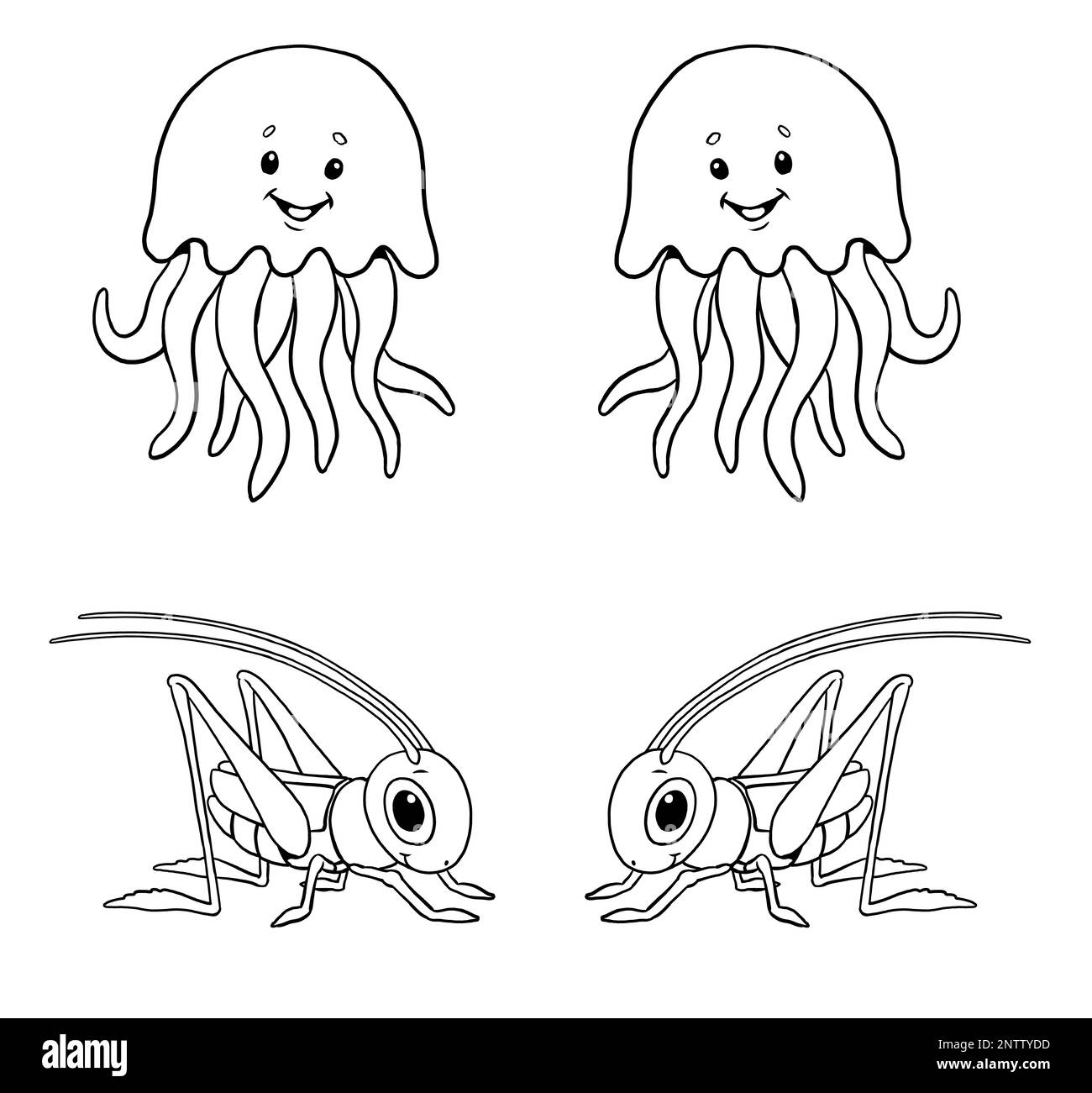 Süße Quallen und Grashüpfer zum Ausmalen. Vorlage für ein Malbuch mit lustigen Tieren. Malvorlage für Kinder. Stockfoto