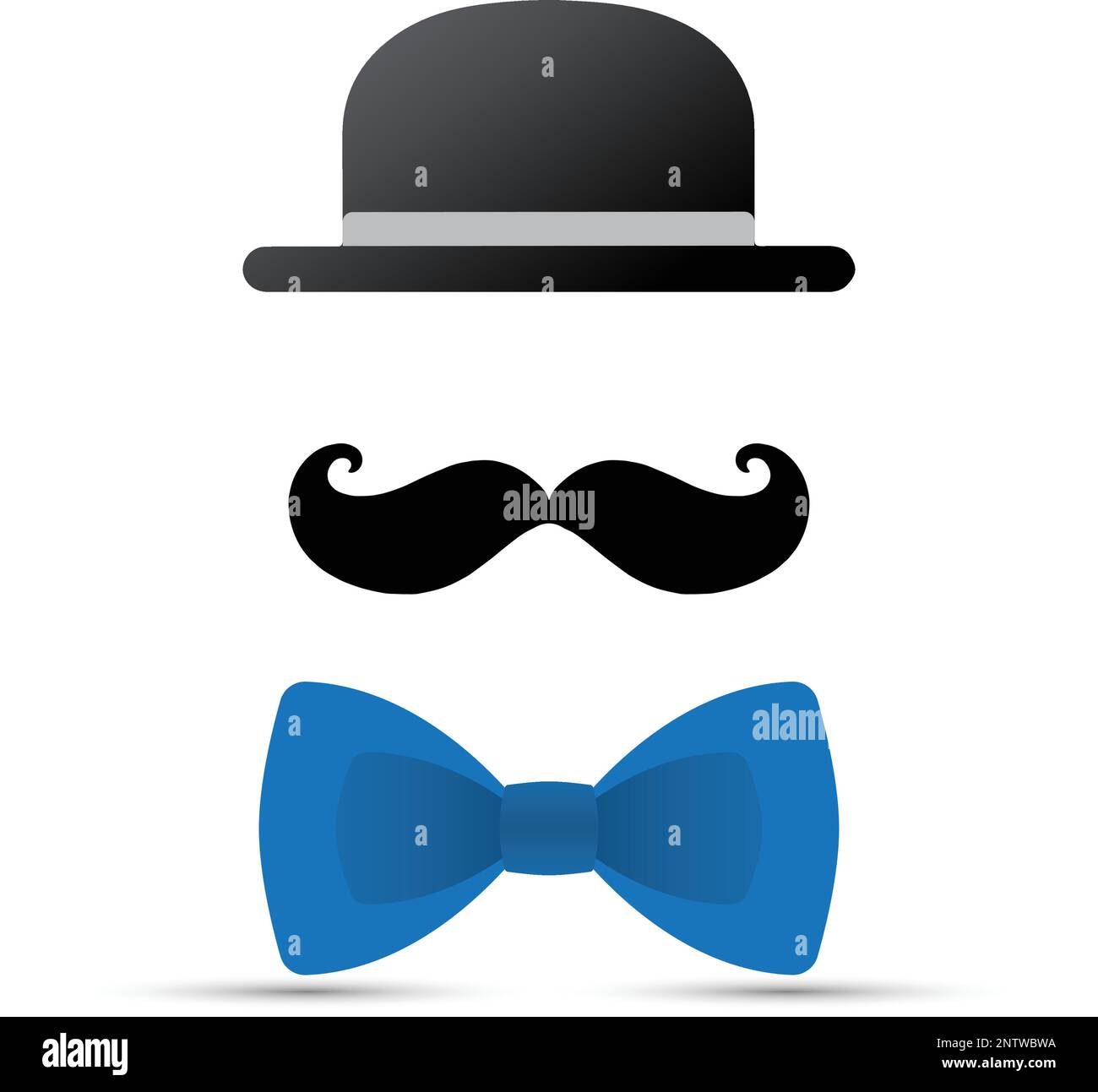 Schwarzer Schnurrbart, Hut und blaue Fliege auf weißem Hintergrund Stock Vektor