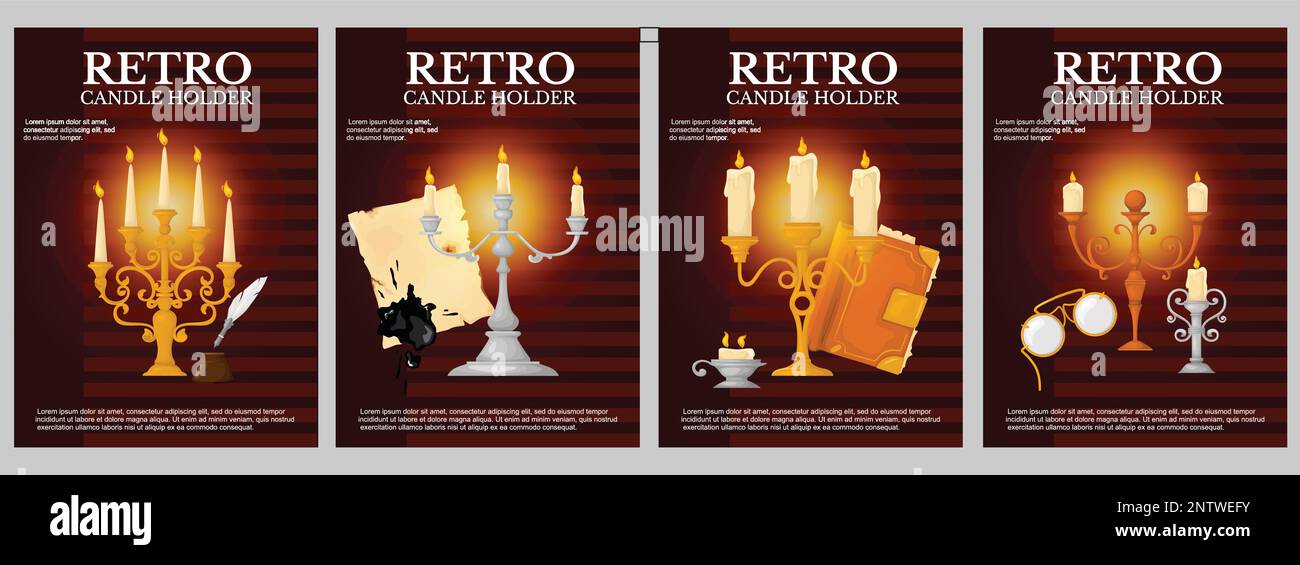 Poster-Set mit Kerzenhaltern im Retro-Look mit vier isolierten vertikalen Hintergründen, bearbeitbarem Text und Vektordarstellung im Retro-Look Stock Vektor