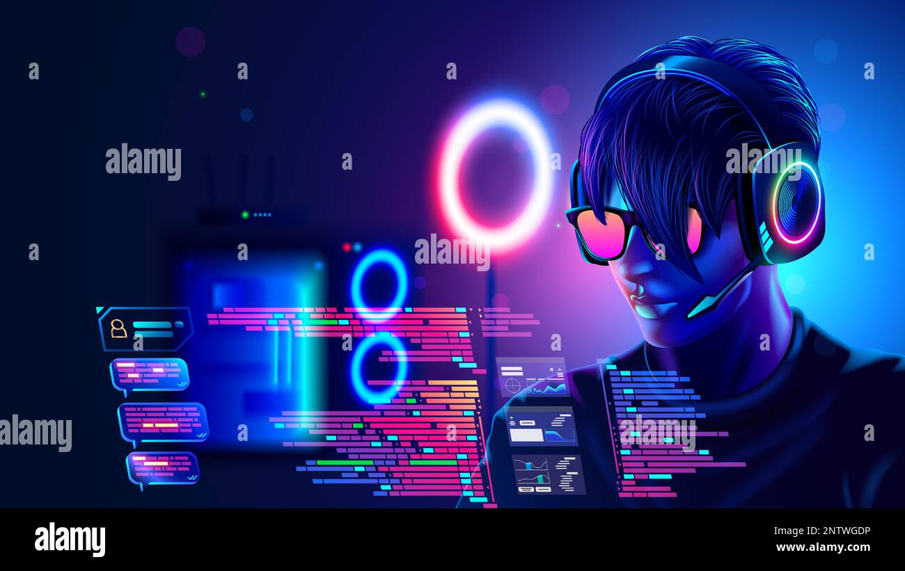 Programmierer- oder Codierprogrammierung auf dem Computer Text des Programmcodes. Porträtmann, der in einem dunklen Raum mit Neonlicht über einen Laptop arbeitet. Mann mit Headset, Stock Vektor