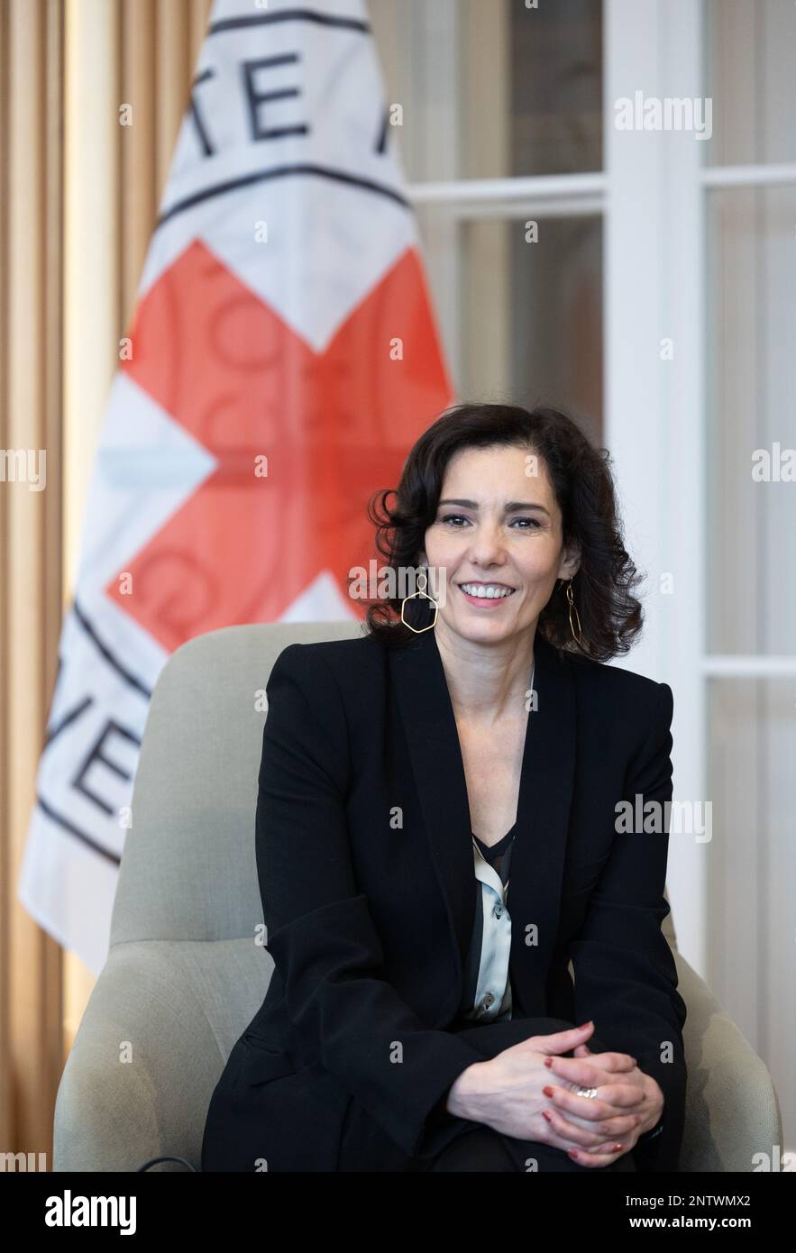 Genf, Schweiz, 28. Februar 2023. Außenministerin Hadja Lahbib zeigte sich auf einem Treffen mit dem Präsidenten des Internationalen Komitees vom Roten Kreuz (IKRK) während der 52. Tagung des Menschenrechtsrates der Vereinten Nationen am Dienstag, den 28. Februar 2023 in Genf (Schweiz). BELGA FOTO BENOIT DOPPPAGNE Stockfoto