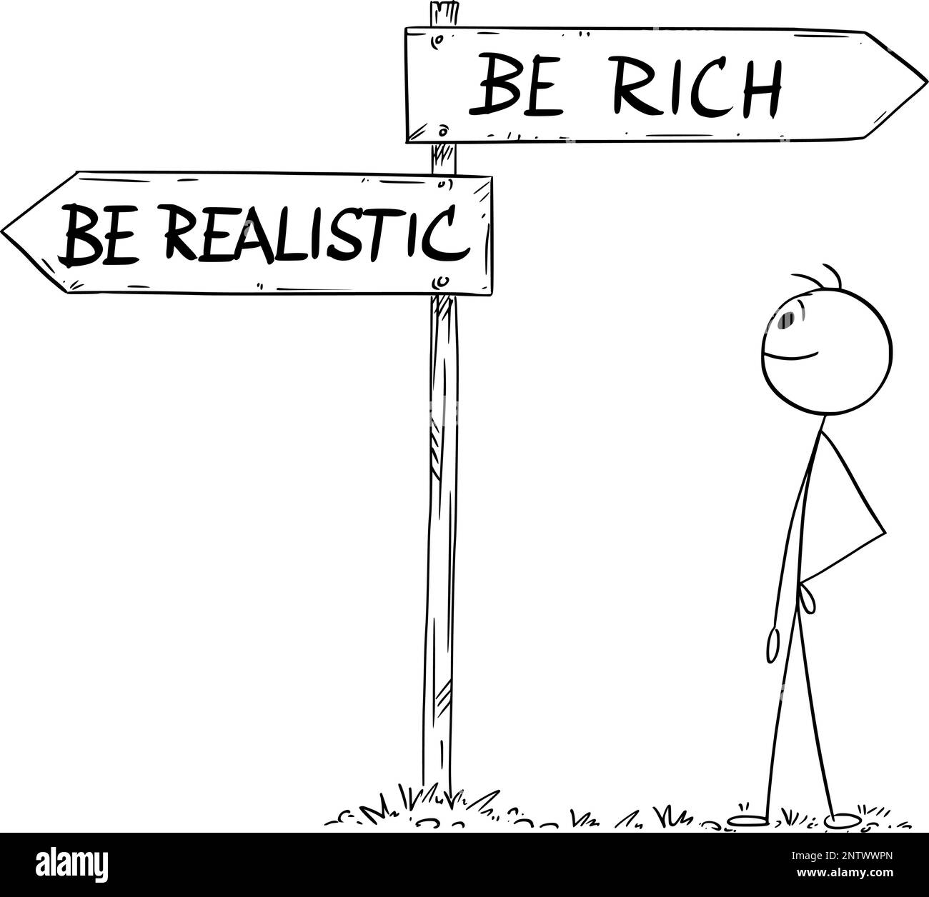 Seien Sie realistisch oder reichhaltig – Vector Cartoon Stick Figure Illustration Stock Vektor