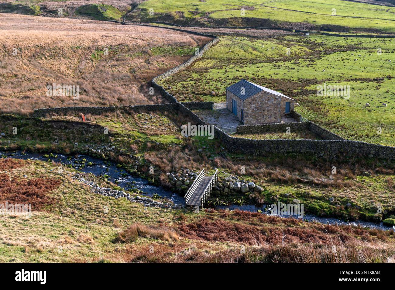 PEA Carr Barn und der Tarnbrook River Wyre im Wald von Bowland, Lancashire Stockfoto