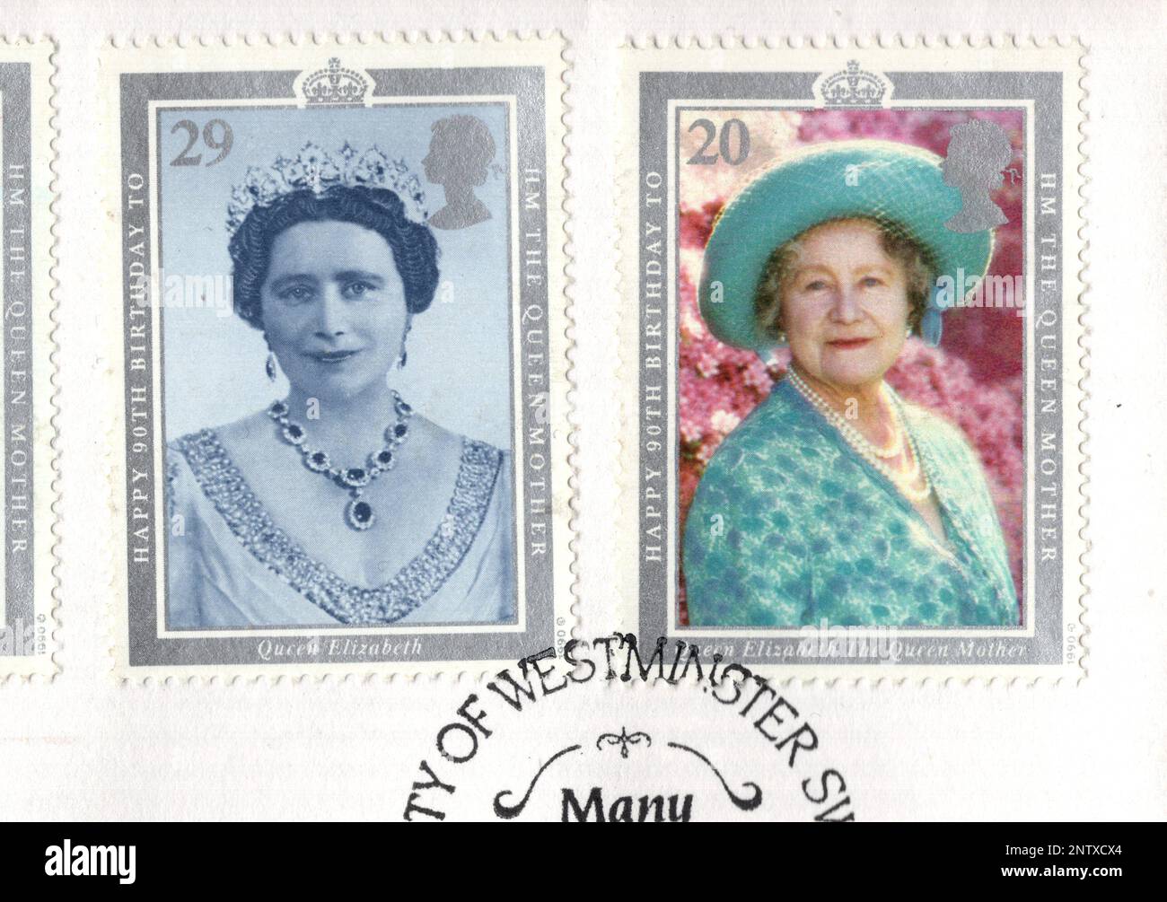 Detail aus einem britischen Postamt, Titelseite 1990 zum 90. Geburtstag der Königinmutter. Stockfoto