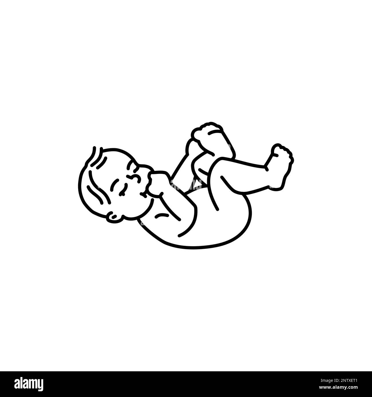 Das Kind liegt auf seinem Rücken, Symbol mit schwarzer Linie. Entwicklung des Kleinkindes. Frühe Kindheit Stock Vektor
